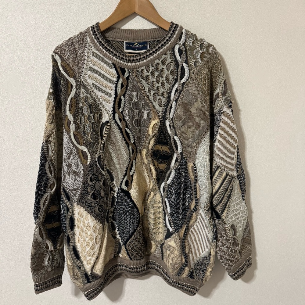 Vintage 90s Carlo Alberto 3D Knit Crewneck Sweater Australia Cotton Brown Gray-L